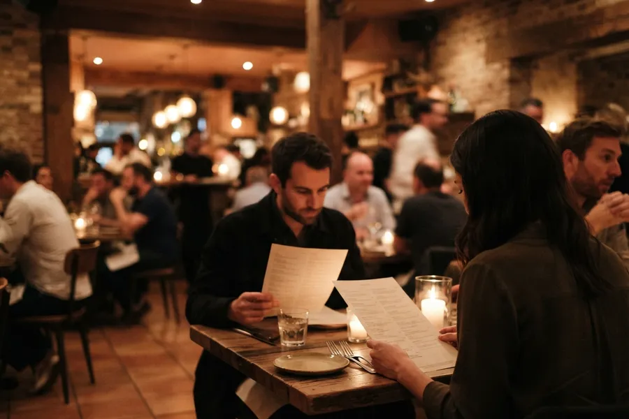 Diners reading menus at a busy restaurant