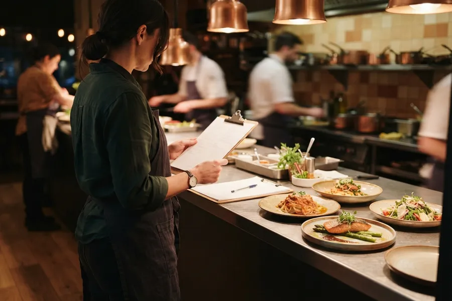 Restaurant owner checking the day's menu behind the pass