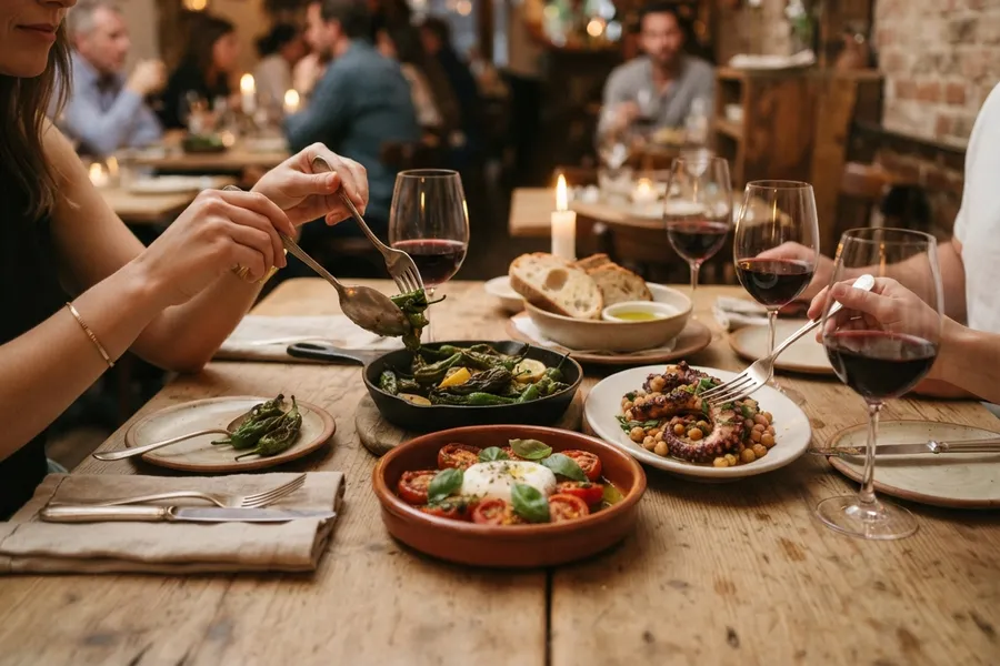 Guests sharing dishes at a warmly lit restaurant table