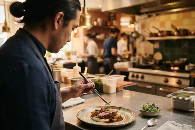 Chef plating a dish in a restaurant kitchen